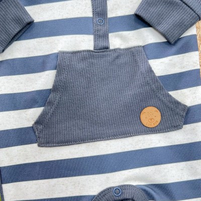 Macacão Canelado Listrado com Bolsinho - Cinza e Areia